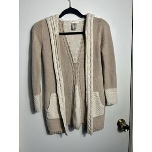Max Studio Girls M (10-12) Hooded Cardigan Sweater Beige Cream Open Front Boho